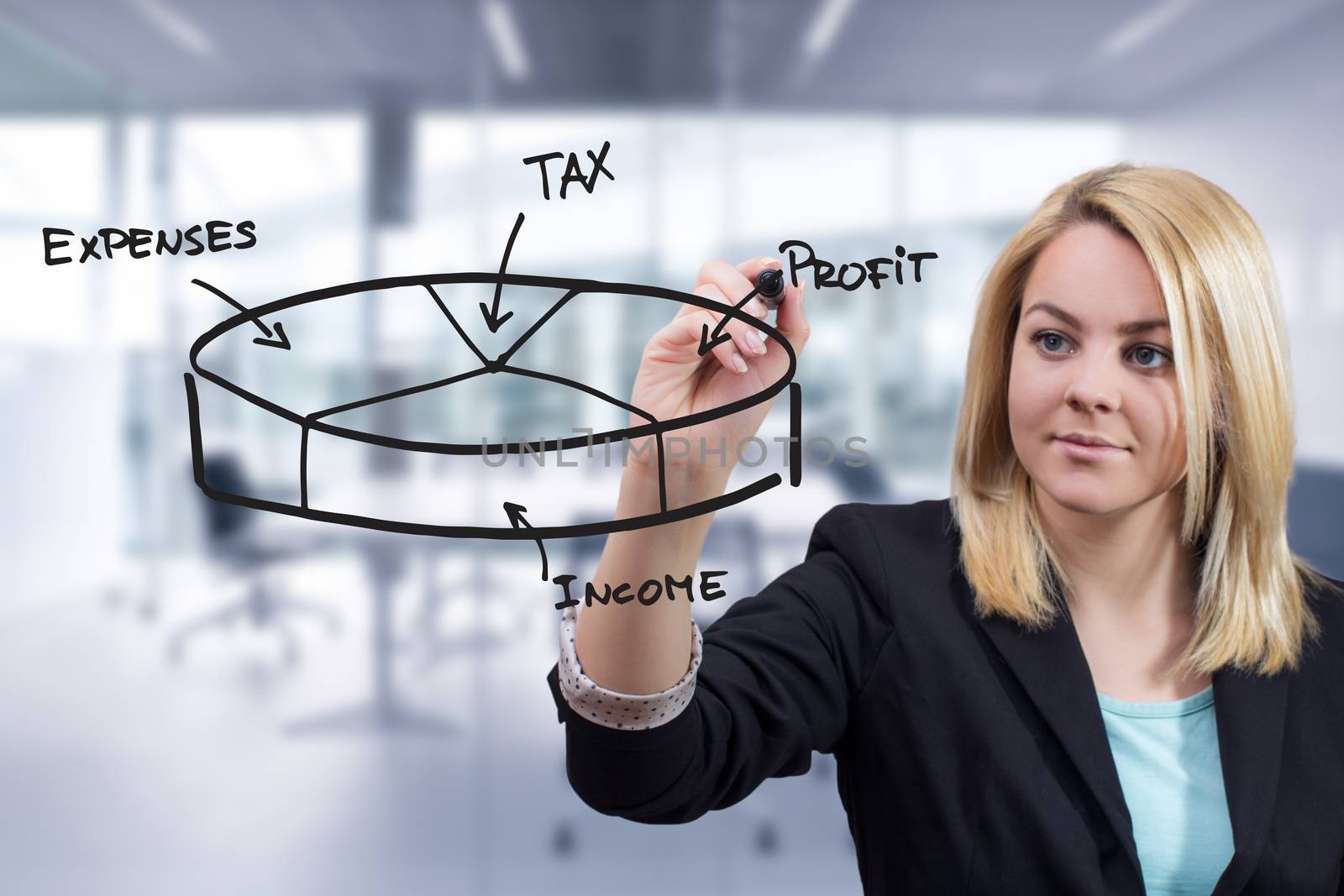 Business woman drawing 3D pie chart on transparent surface at office