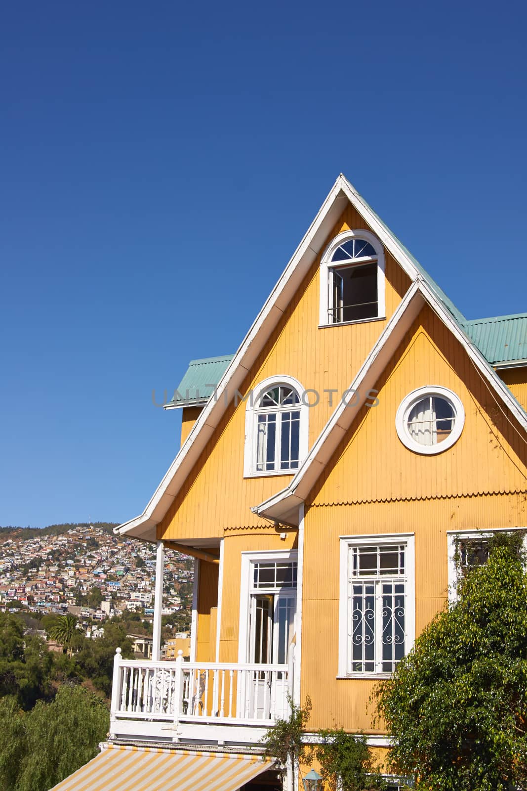 Colourful historic building on Paseo Atkinson in the UNESCO World Heritage Site of Valparaiso in Chile.