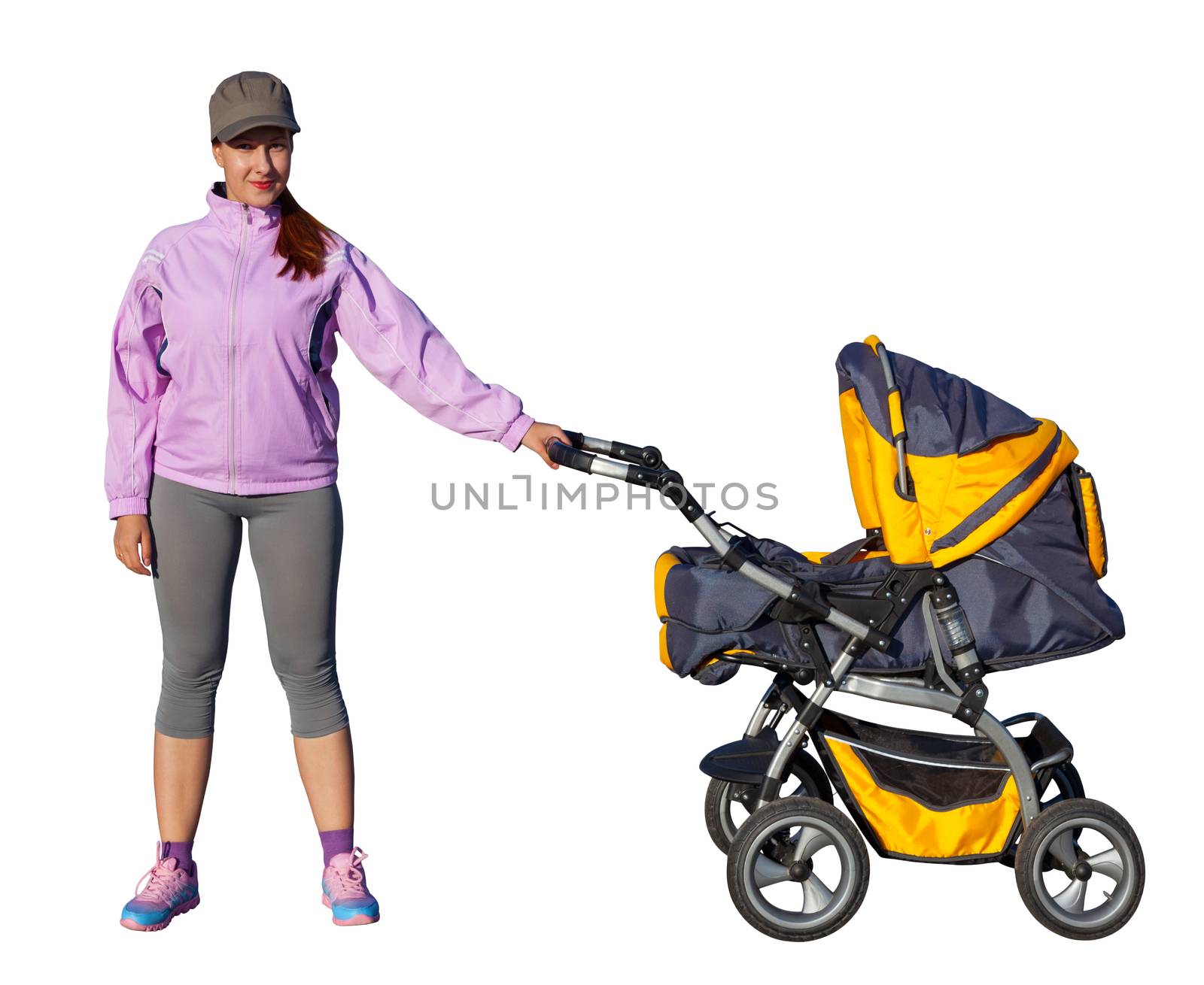 A Young mother athlete with a baby buggy isolated on white background