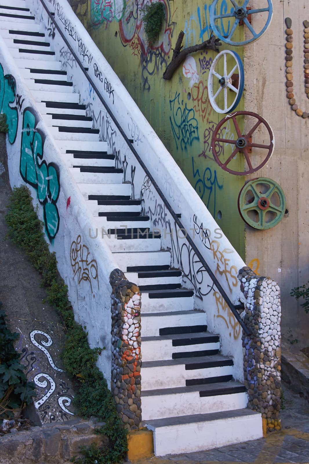 Stairway decorated to look like the keyboard of a piano in the UNESCO World Heritage port city of Valparaiso, Chile.