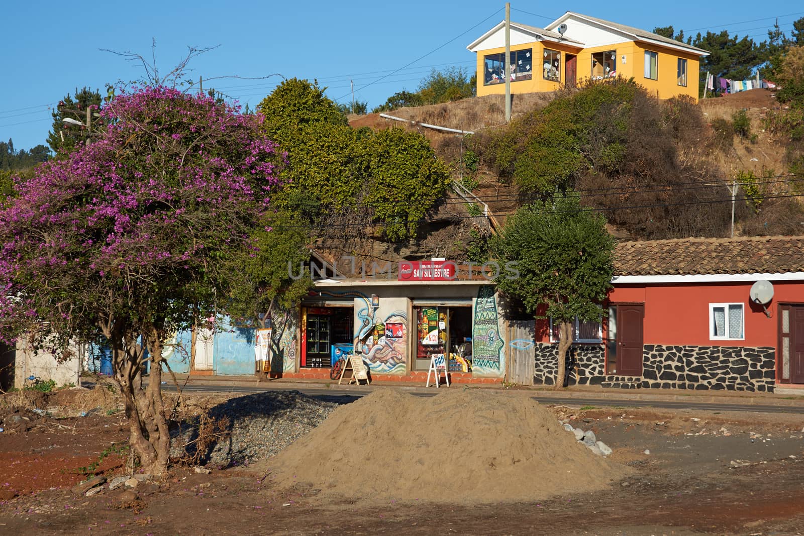 Colourful shops in the small fishing village of Curanipe in the Maule Region of Chile.