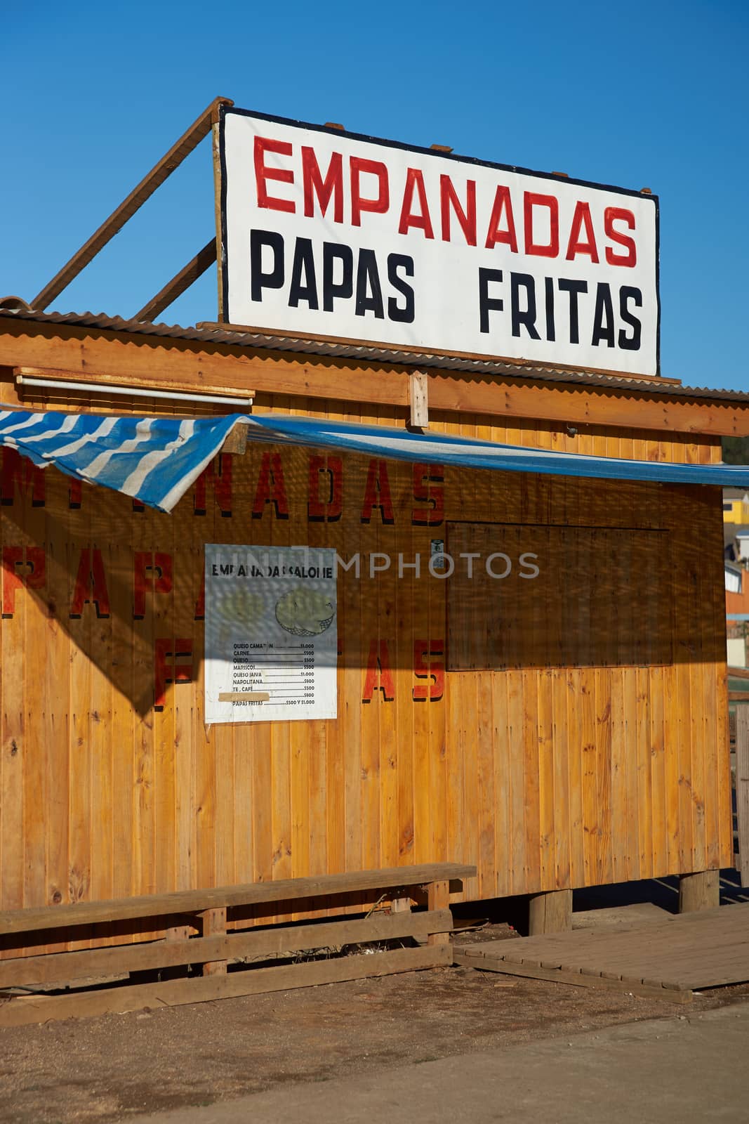 Wooden food stall closed for the day in the small fishing village of Curanipe in the Maule Region of Chile.