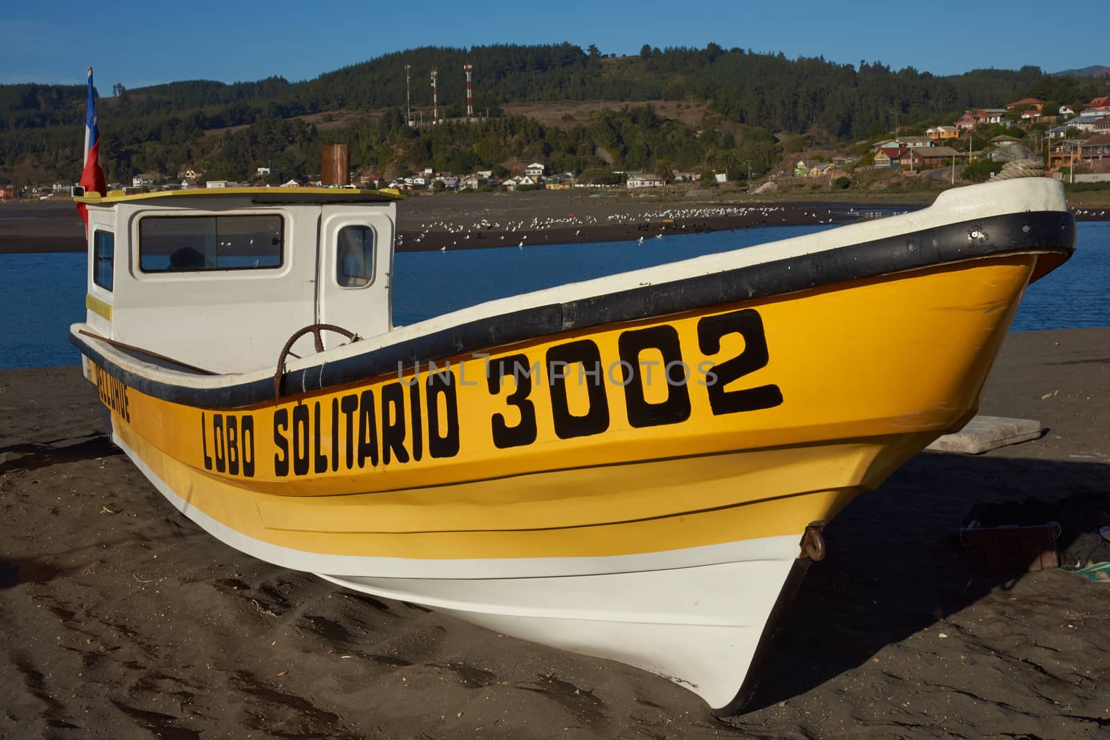 Colourful fishing boat on the beach in the small fishing village of Curanipe in the Maule Region of Chile.