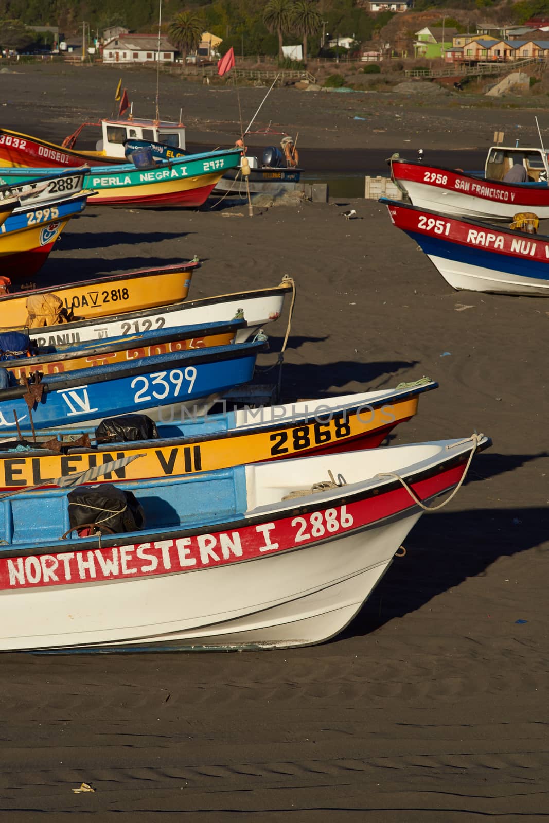 Colourful fishing boats on the beach in the small fishing village of Curanipe in the Maule Region of Chile.