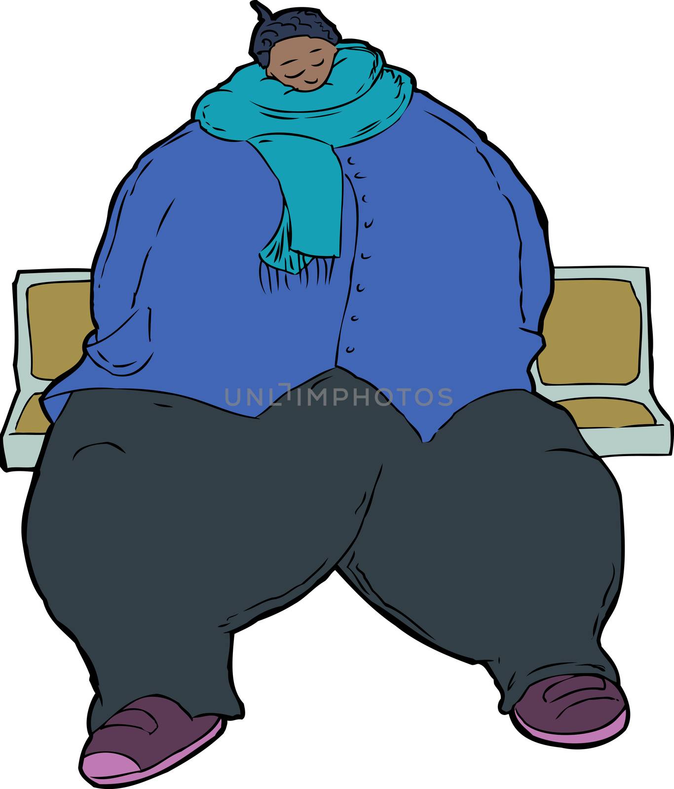 Cartoon of single sleeping obese woman clothed in jacket and scarf while seated in train seats