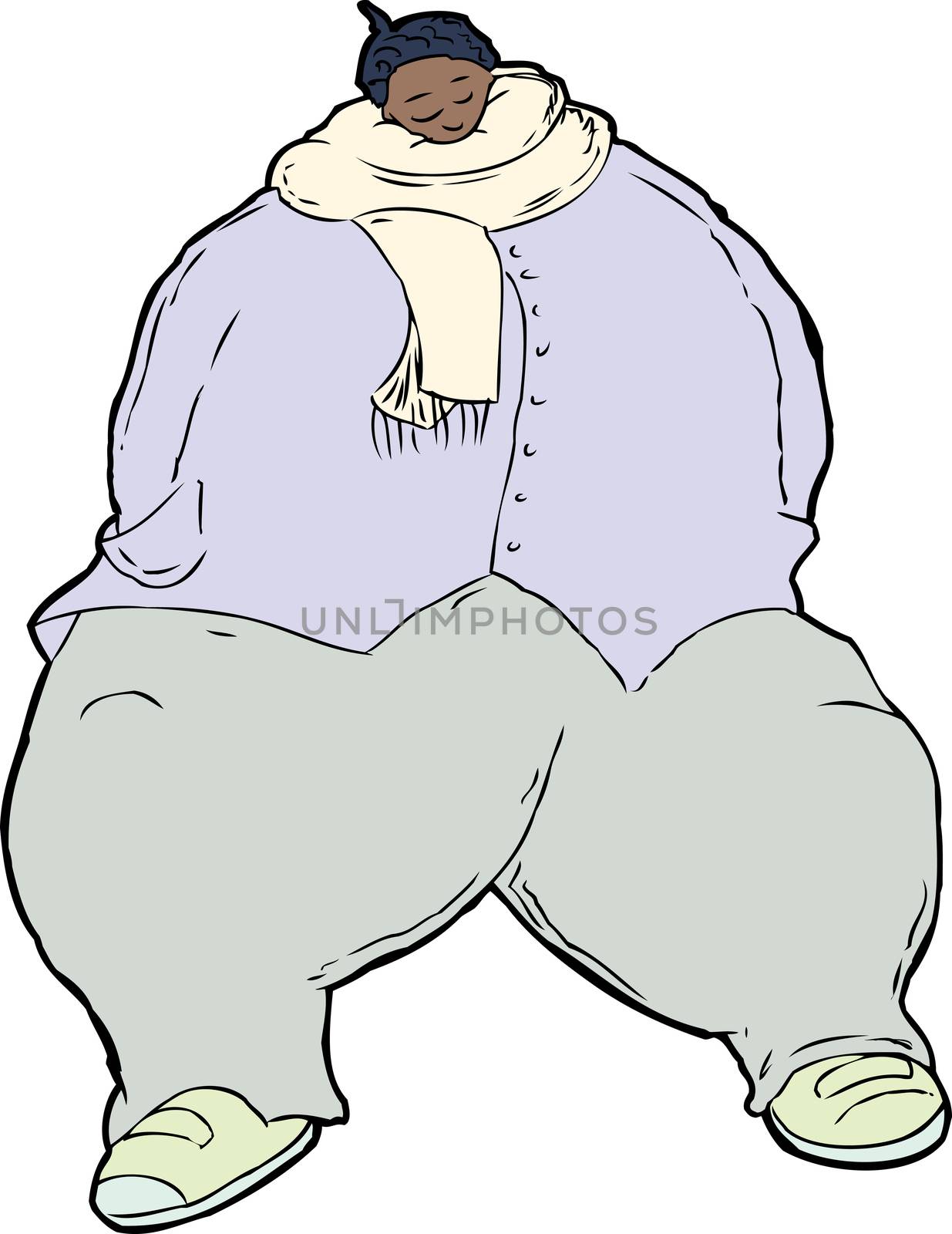 Illustration of single sleeping obese woman wearing in jacket and scarf sitting over white