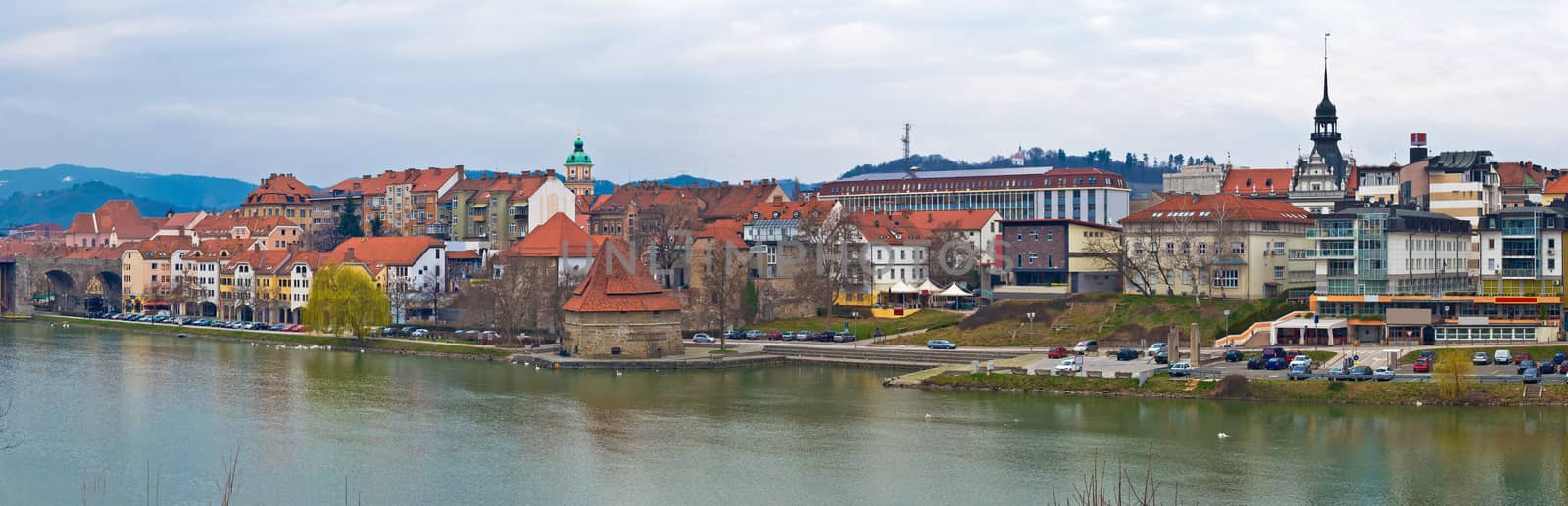 Town of Maribor riverfront panoramic view, Slovenia