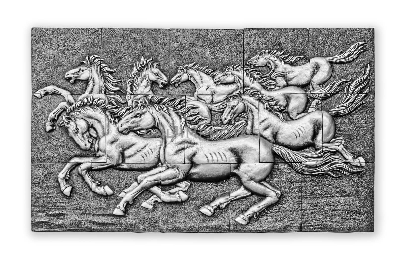 Black and white low relief cement Thai style handcraft of horse on wall, clipping path.