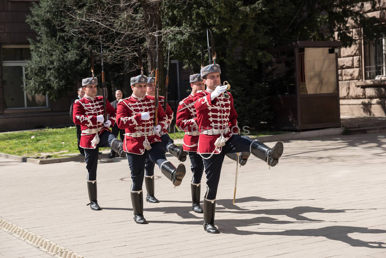 Sofia, Bulgaria,31 March, 2016 - Change of guards at the office of Bulgaria's President.The change of the guard ceremony was first introduced on November 5, 2003 and has been performed on all important dates in the calendar of Bulgarian public holidays since then.All solemn rituals the National Guards’ Unit performed are connected with the preservation and development of traditions from Bulgaria’s past.