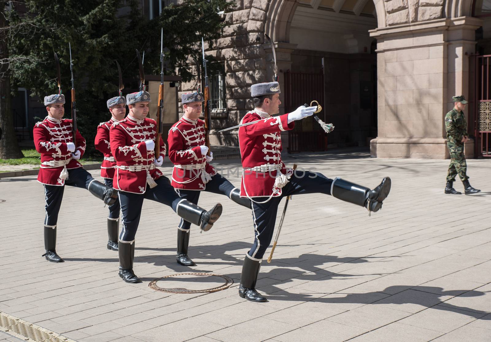 Sofia, Bulgaria - 31 March, 2016 - Change of guards at the office of Bulgaria's President.The change of the guard ceremony was first introduced on November 5, 2003 and has been performed on all important dates in the calendar of Bulgarian public holidays since then.
All solemn rituals the National Guards’ Unit performed are connected with the preservation and development of traditions from Bulgaria’s past.
