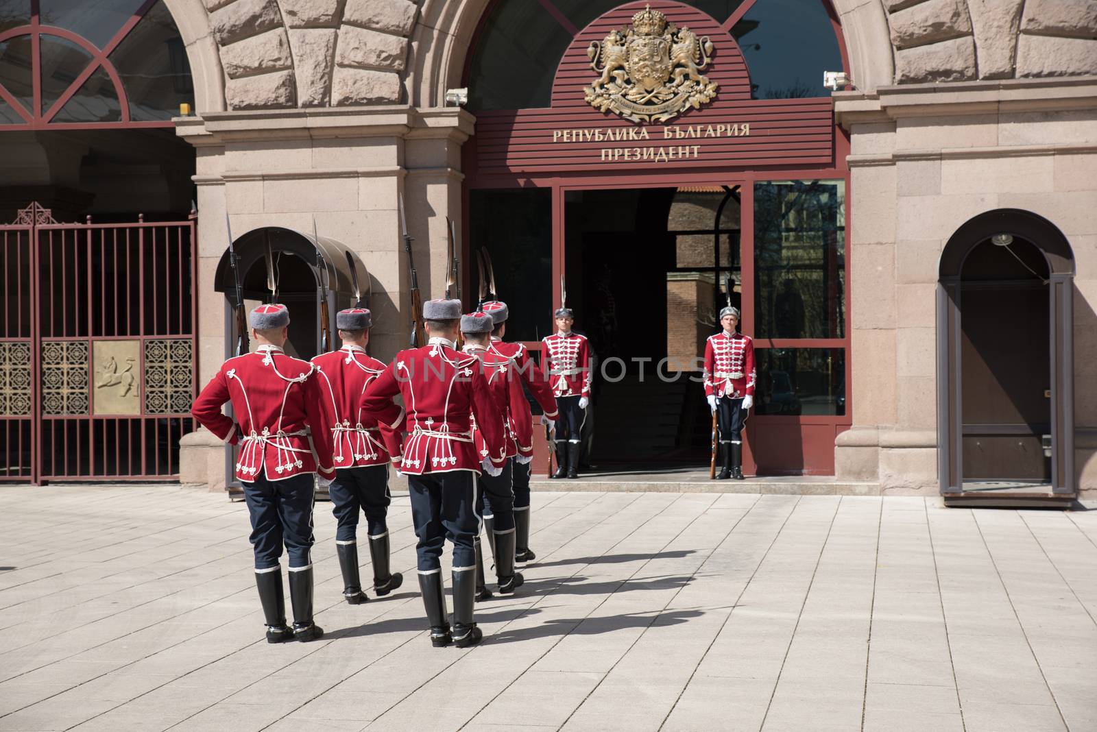 Sofia, Bulgaria - 31 March, 2016 - Change of guards at the office of Bulgaria's President.The change of the guard ceremony was first introduced on November 5, 2003 and has been performed on all important dates in the calendar of Bulgarian public holidays since then.All solemn rituals the National Guards’ Unit performed are connected with the preservation and development of traditions from Bulgaria’s past.