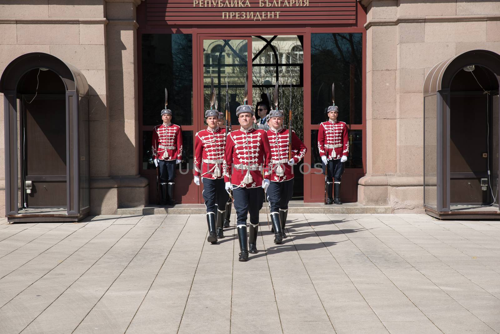 Sofia, Bulgaria - 31 March, 2016 - Change of guards at the office of Bulgaria's President.The change of the guard ceremony was first introduced on November 5, 2003 and has been performed on all important dates in the calendar of Bulgarian public holidays since then.All solemn rituals the National Guards’ Unit performed are connected with the preservation and development of traditions from Bulgaria’s past.