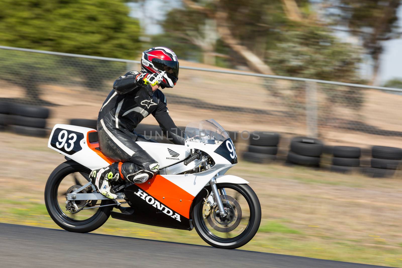 BROADFORD, VICTORIA/AUSTRALIA - APRIL 1, 2016: Classic bikes practice at Broadford Racetrack before the 2016 Shannons Victorian Historic Road Racing Championship.