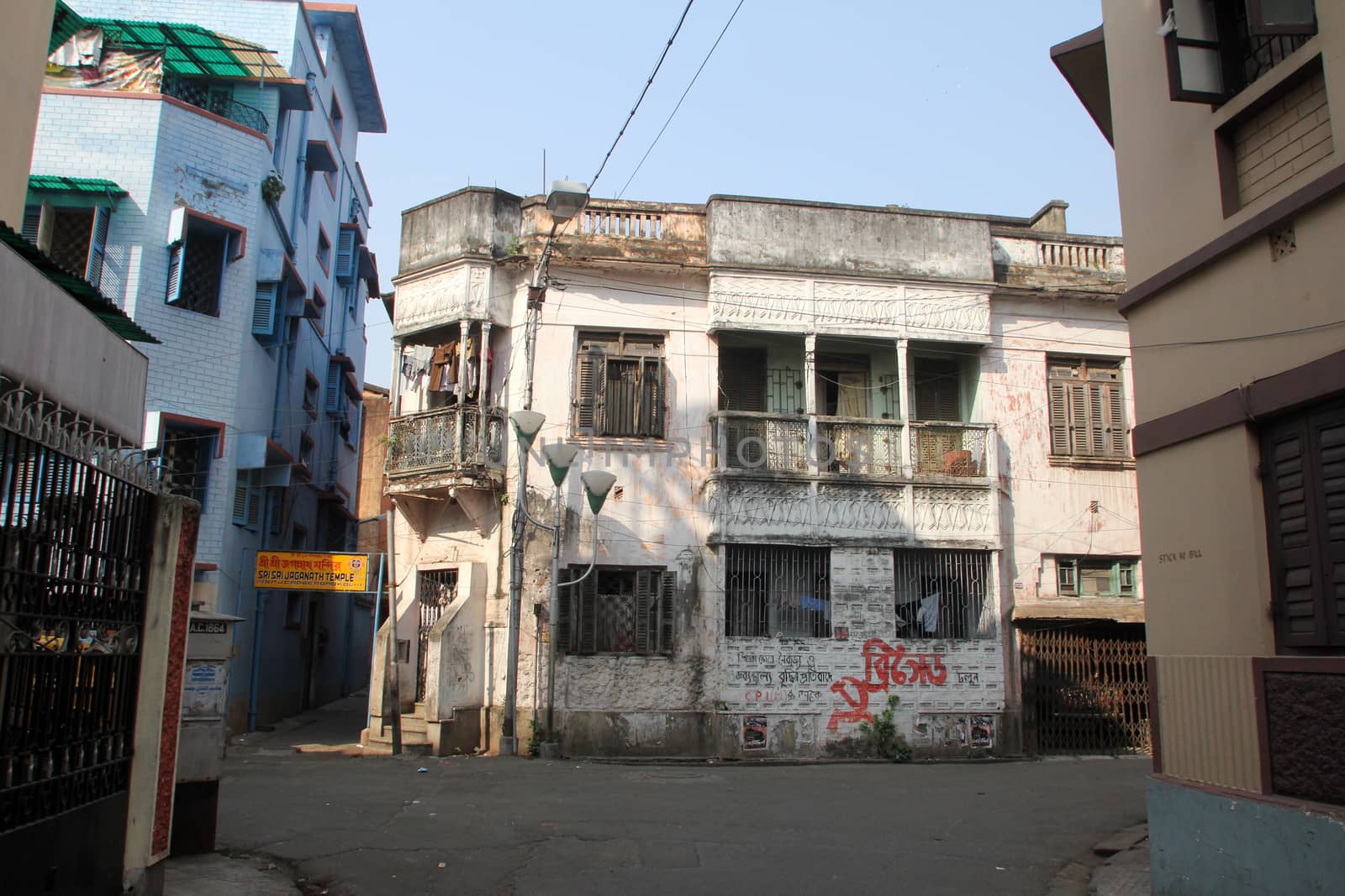 An aging, decaying, ex-colonial tenement block in Kolkata, West Bengal, India
