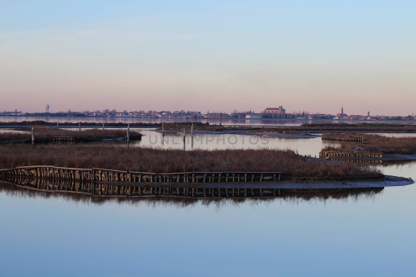 Landscape at sunset of the swamp - the lagoon in the natural reserve