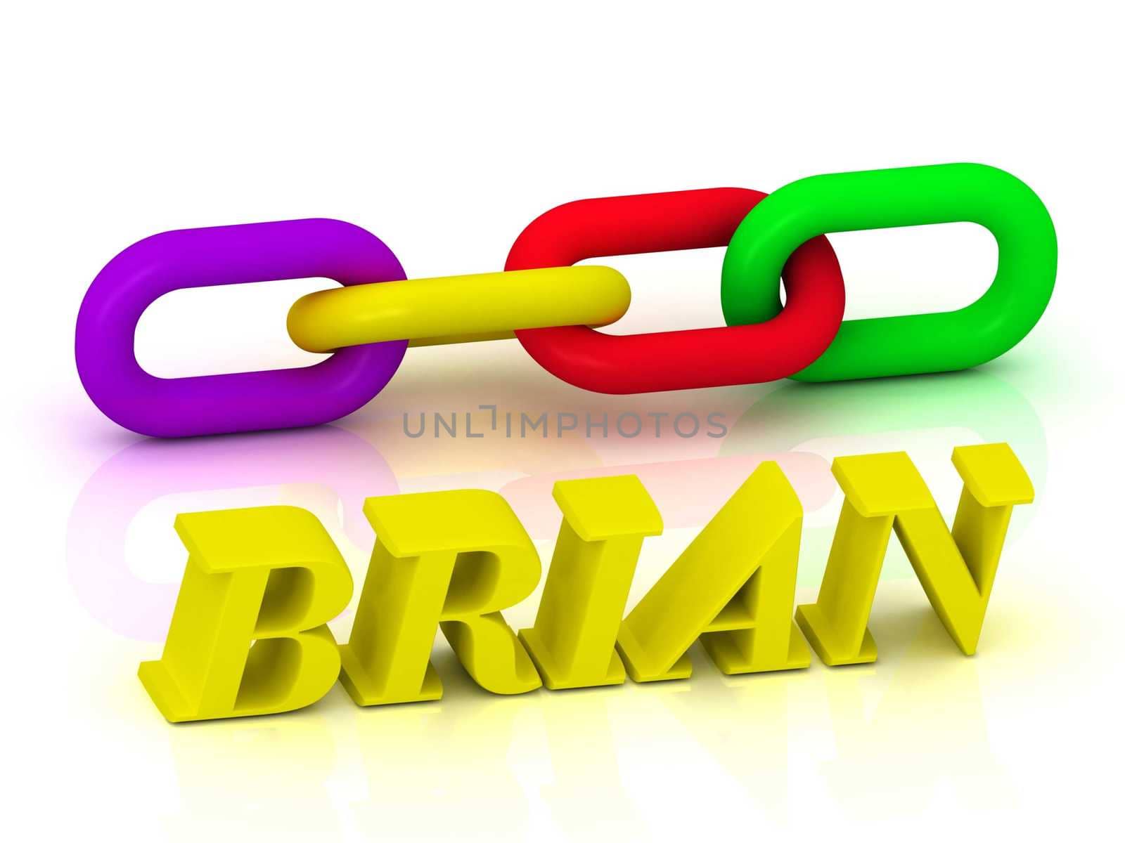 BRIAN- Name and Family of bright yellow letters and chain of green, yellow, red section on white background