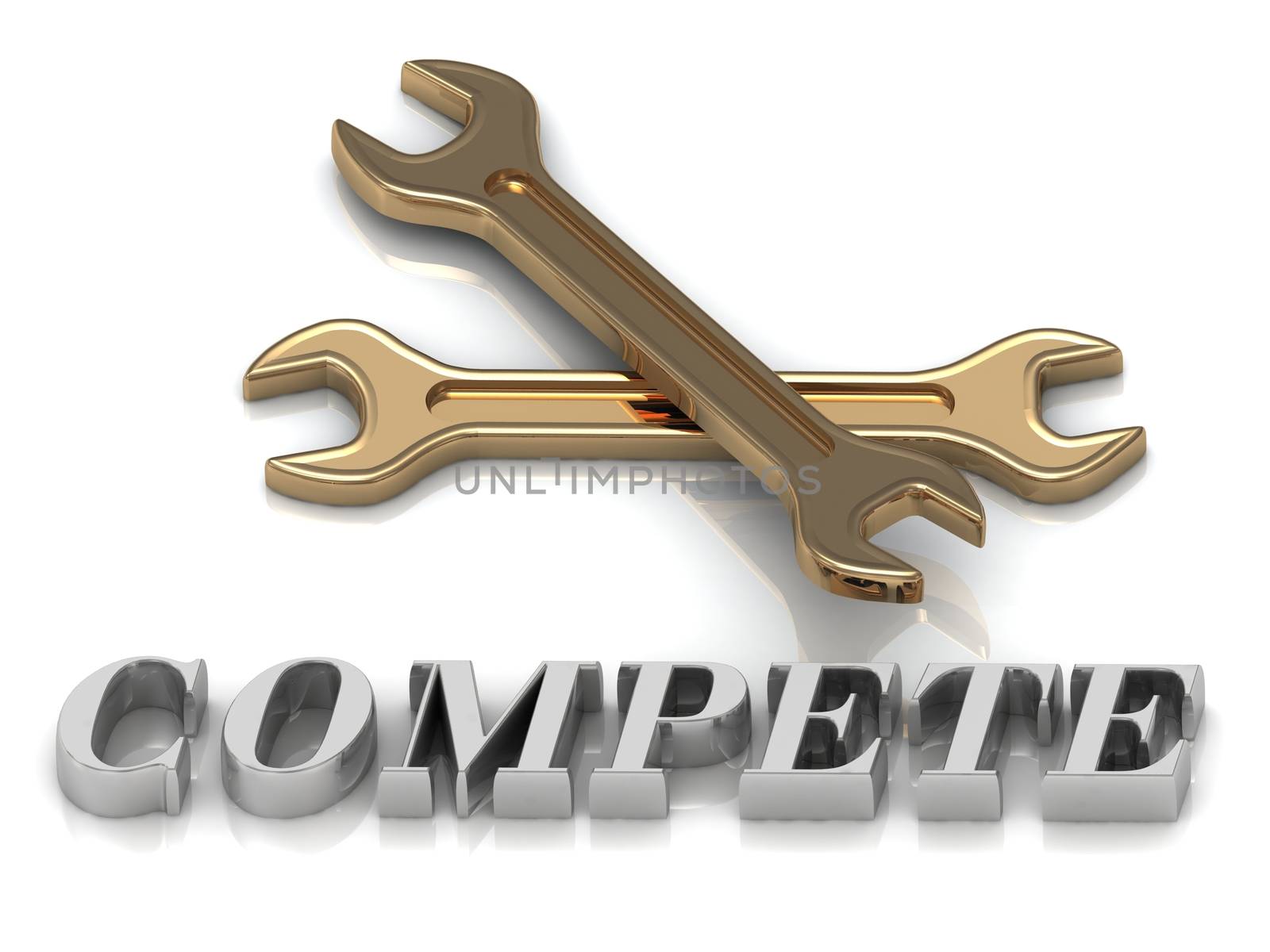 COMPETE- inscription of metal letters and 2 keys on white background