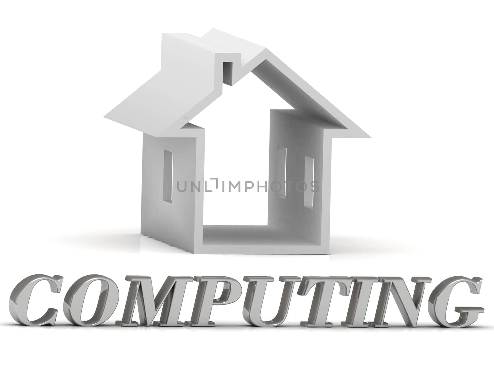 COMPUTING- inscription of gold letters and Graphic growth COMPUTING- inscription of silver letters and white house on white backgroundws on white background