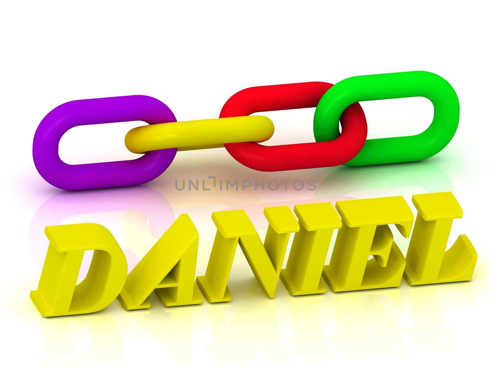 DANIEL- Name and Family of bright yellow letters and chain of green, yellow, red section on white background