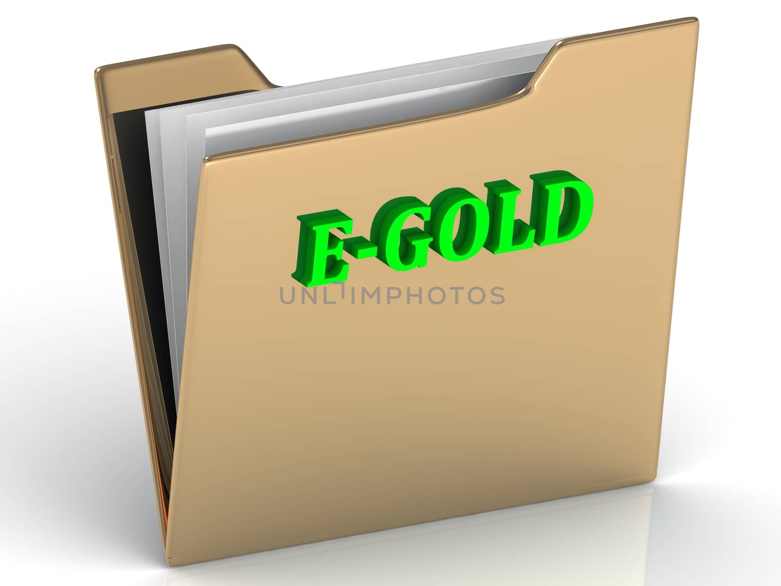 E-GOLD- bright color letters on a gold folder on a white background