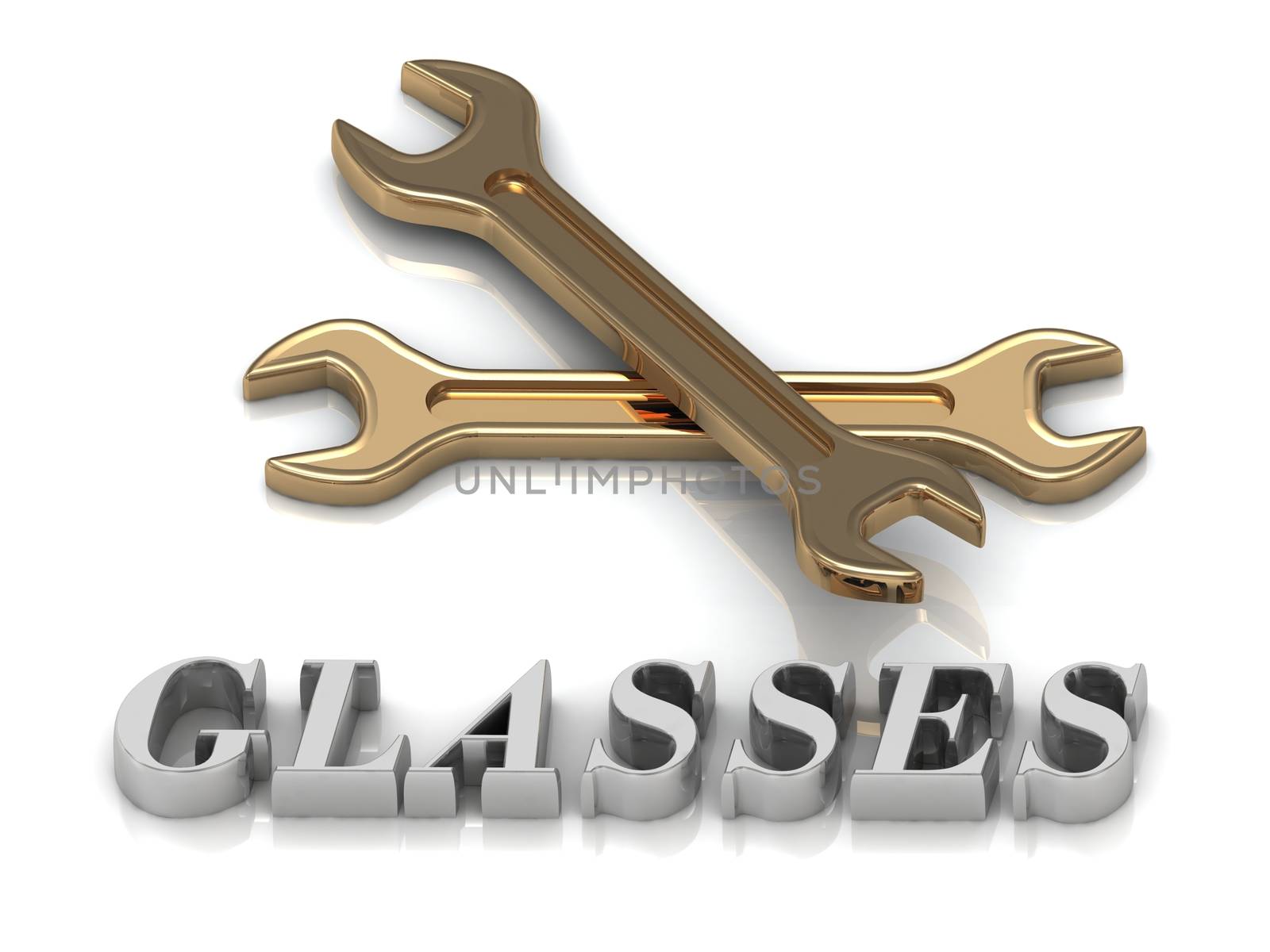 GLASSES- inscription of metal letters and 2 keys on white background