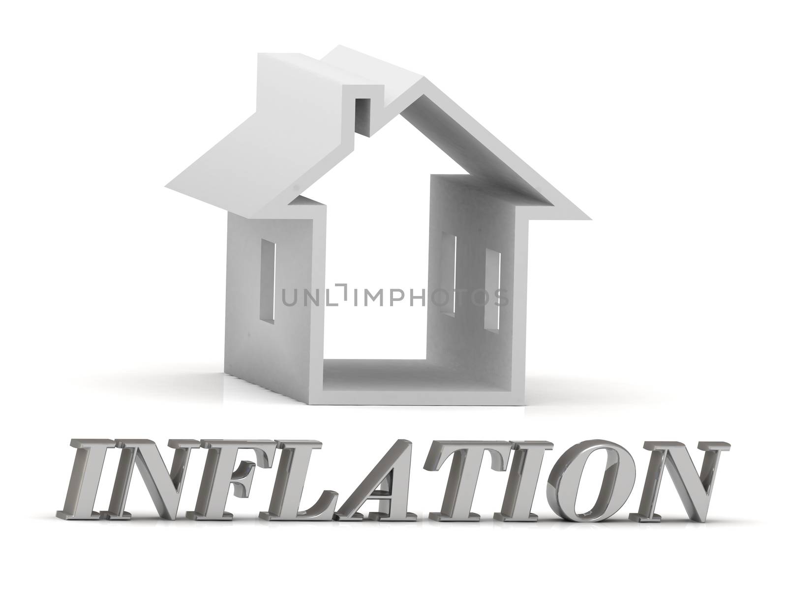 INFLATION- inscription of silver letters and white house on white background