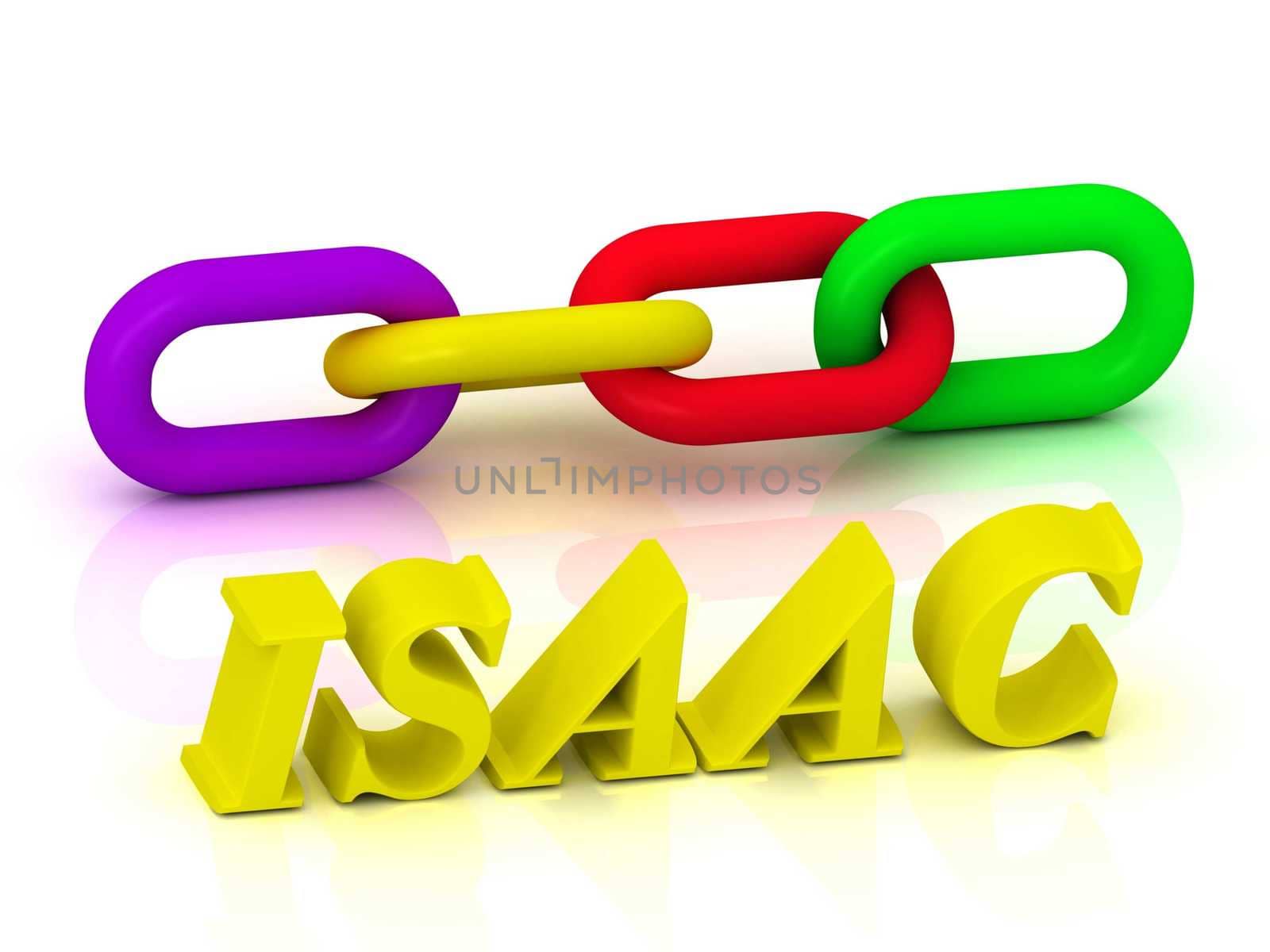 ISAAC- Name and Family of bright yellow letters and chain of green, yellow, red section on white background