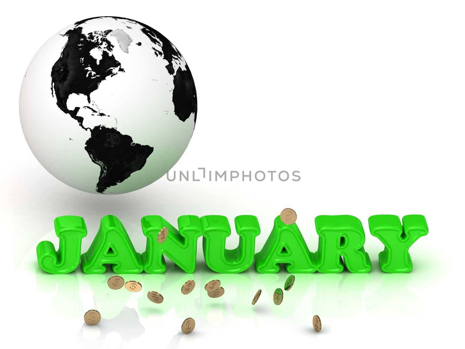JANUARY- bright color letters, black and white Earth on a white background