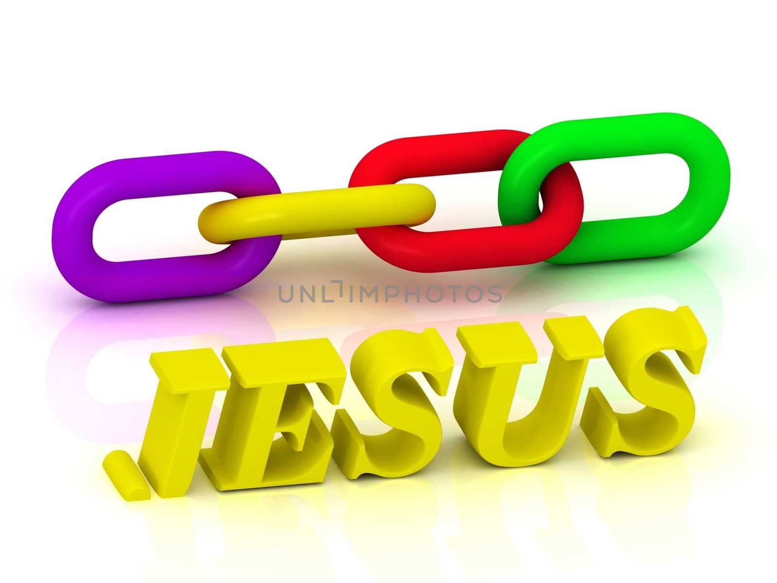 JESUS- Name and Family of bright yellow letters and chain of green, yellow, red section on white background