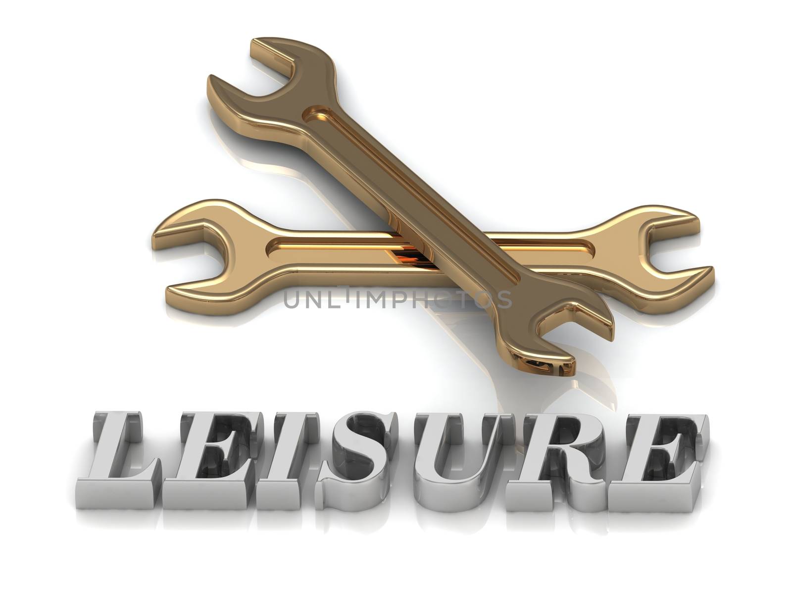 LEISURE- inscription of metal letters and 2 keys on white background