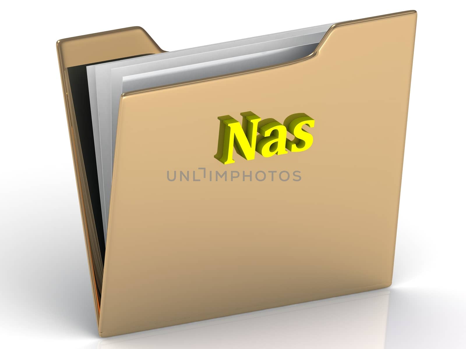 Nas- bright color letters on a gold folder on a white background