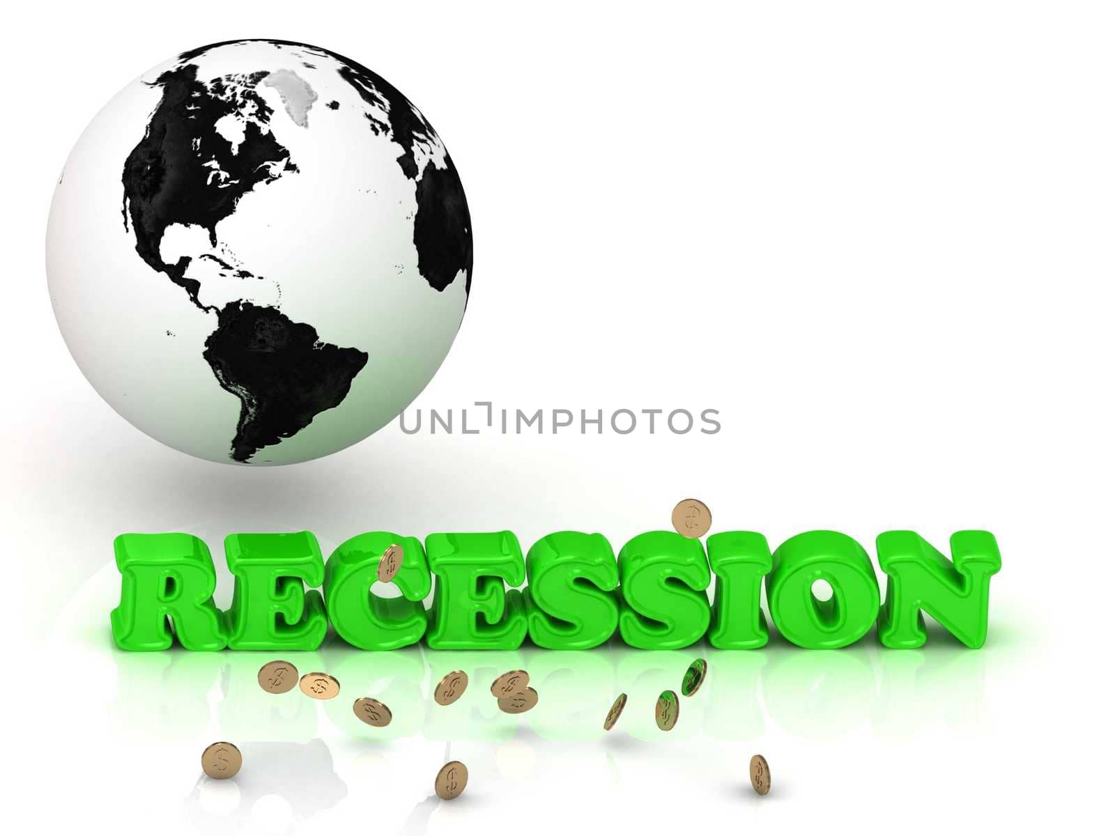 RECESSION - bright color letters, black and white Earth by GreenMost