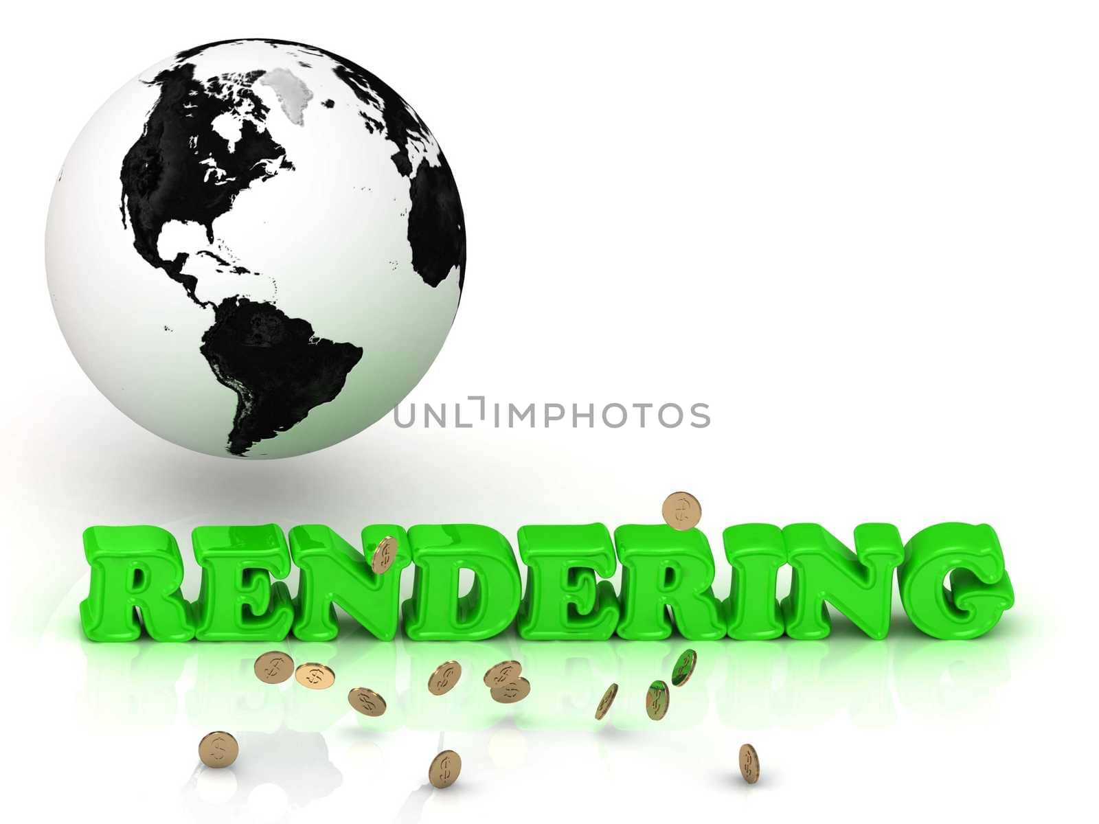 RENDERING- bright color letters, black and white Earth on a white background