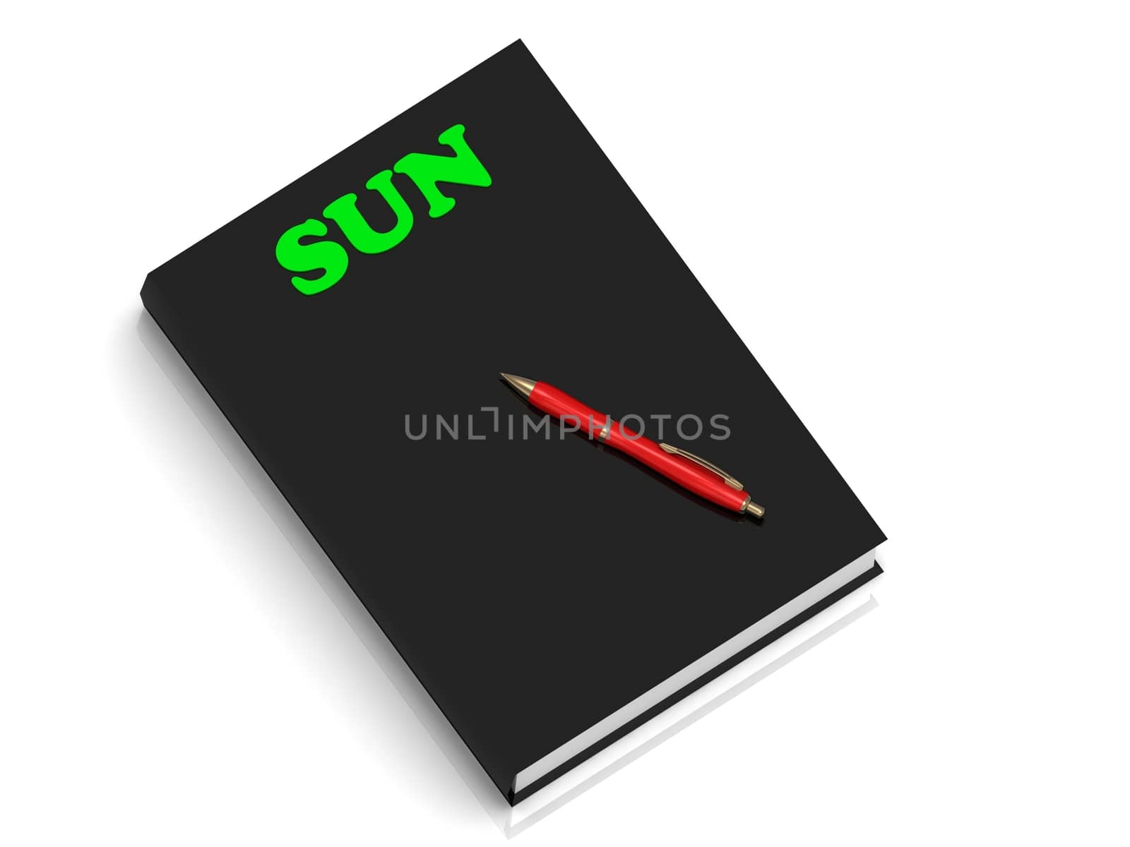 SUN- inscription of green letters on black book on white background