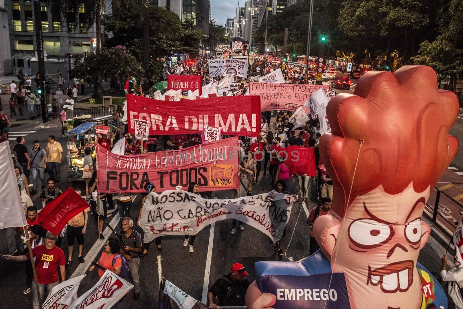 BRAZIL, Sao Paulo: Hundreds of people demonstrate for the impeachment of President Dilma Rousseff and early elections at Avenida Paulista in Sao Paulo, southern Brazil, on April 1, 2016. Brazilian President Dilma Rousseff is facing possible impeachment by Congress. The effort comes amid an angry public mood over the South American nation's worst recession in decades and a big bribery scandal at the state oil company Petrobras. 