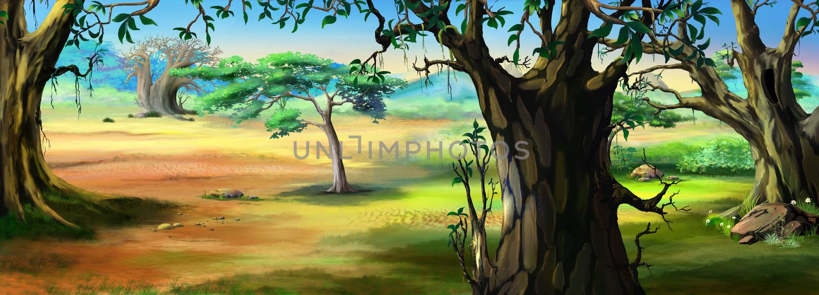 Digital painting of the African Savannah in a summer day with grass meadow on background. Panorama.