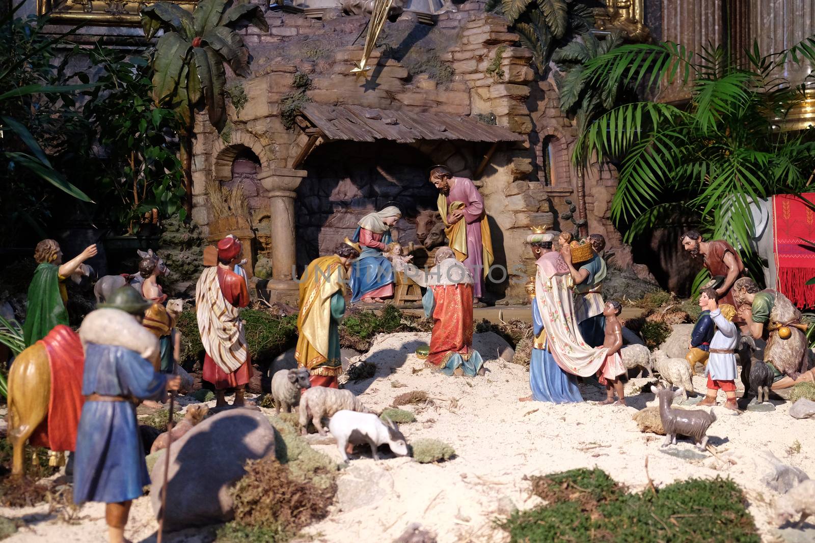 Nativity scene, creche, or crib, birth of Jesus in Graz Cathedral dedicated to Saint Giles in Graz, Styria, Austria