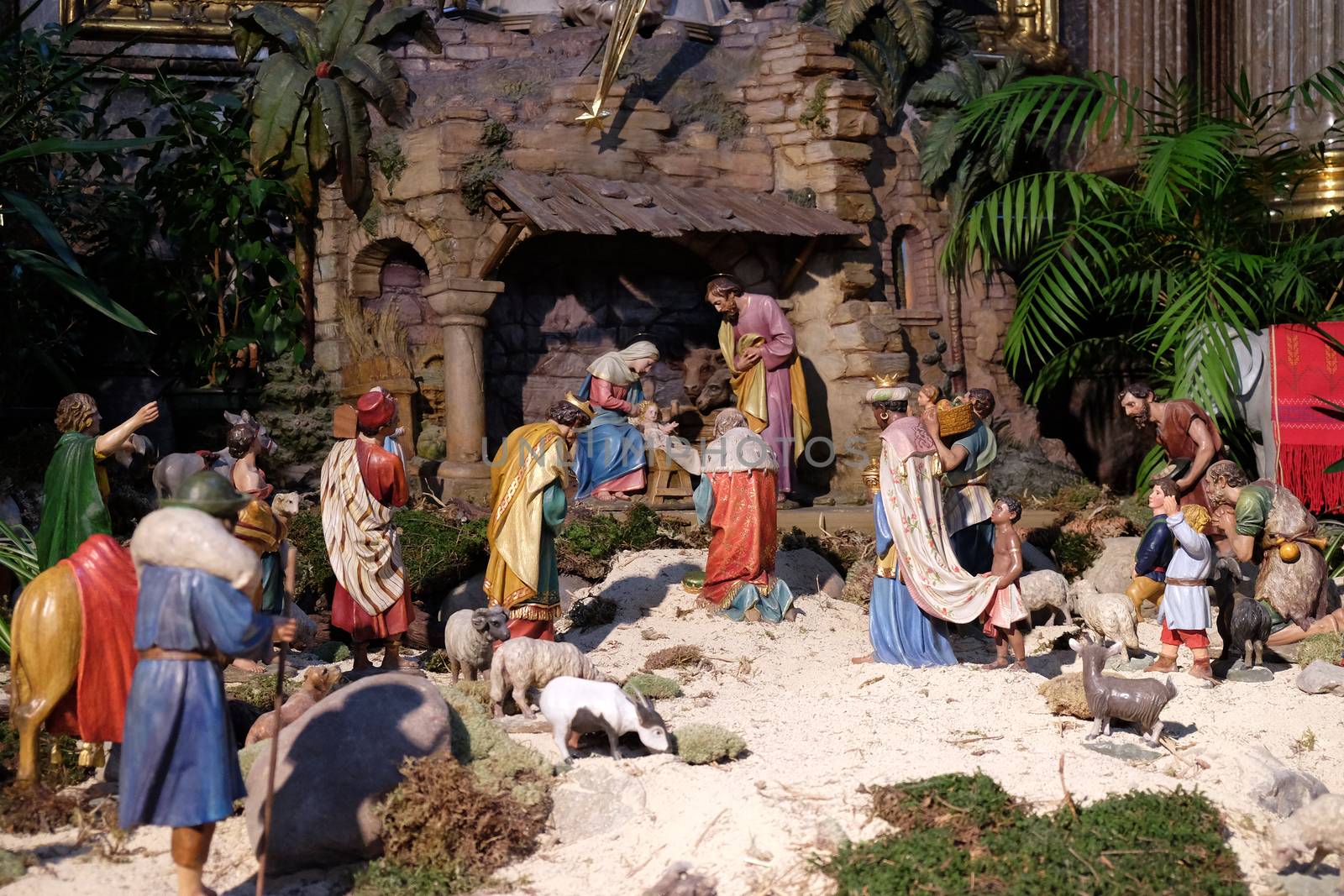 Nativity scene, creche, or crib, birth of Jesus in Graz Cathedral dedicated to Saint Giles in Graz, Styria, Austria