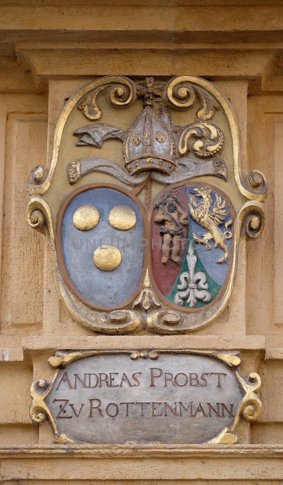 Facade coat of arms on the portal of Arsenal (Zeughaus) historic center listed as World Heritage by UNESCO in Graz, Styria, Austria