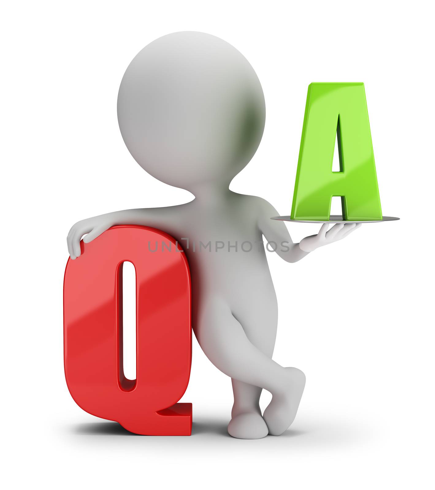 3d small person with the letter Q and A. 3d image. White background.