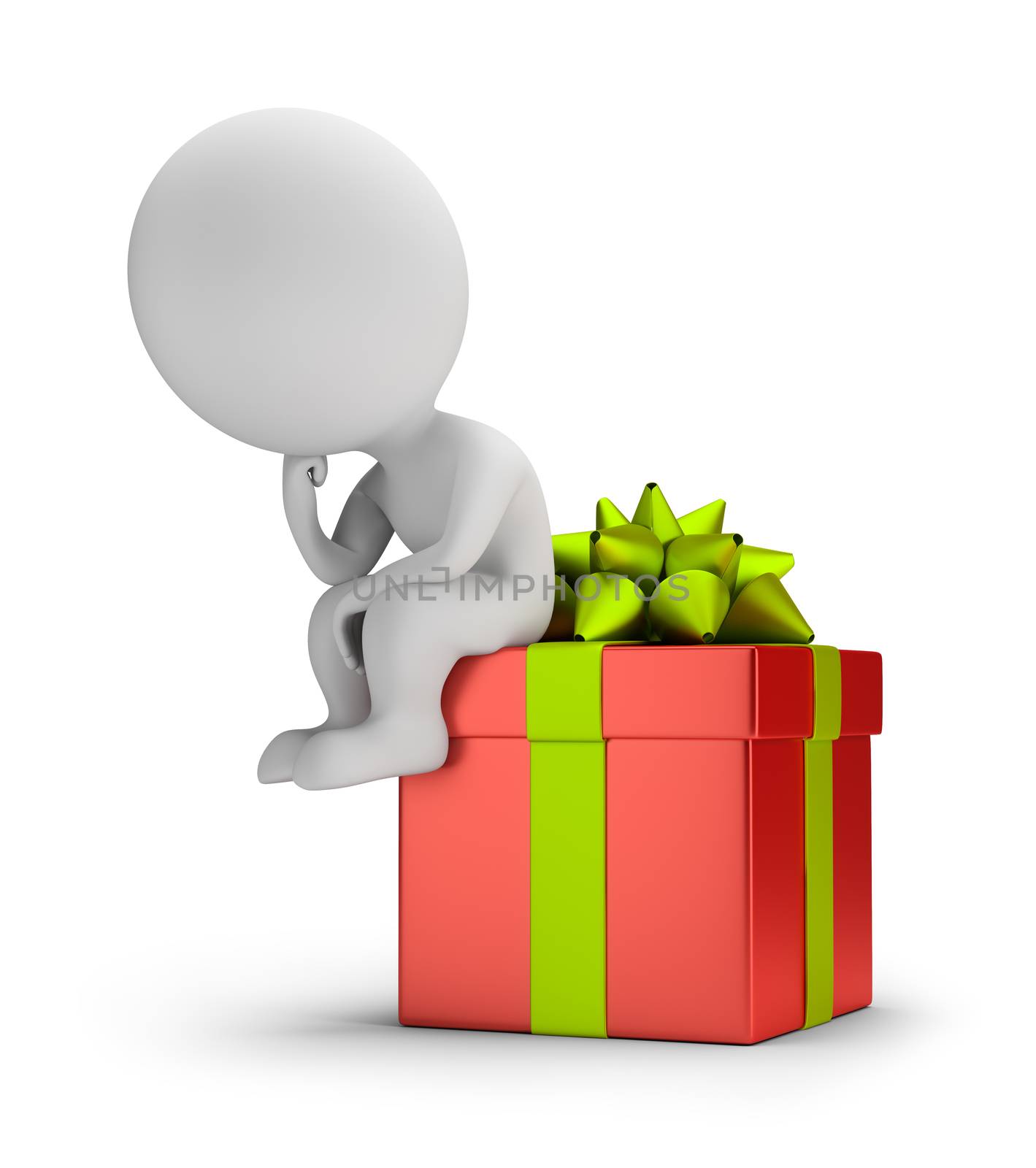 3d small person sitting on the gift in a pensive pose. 3d image. White background.