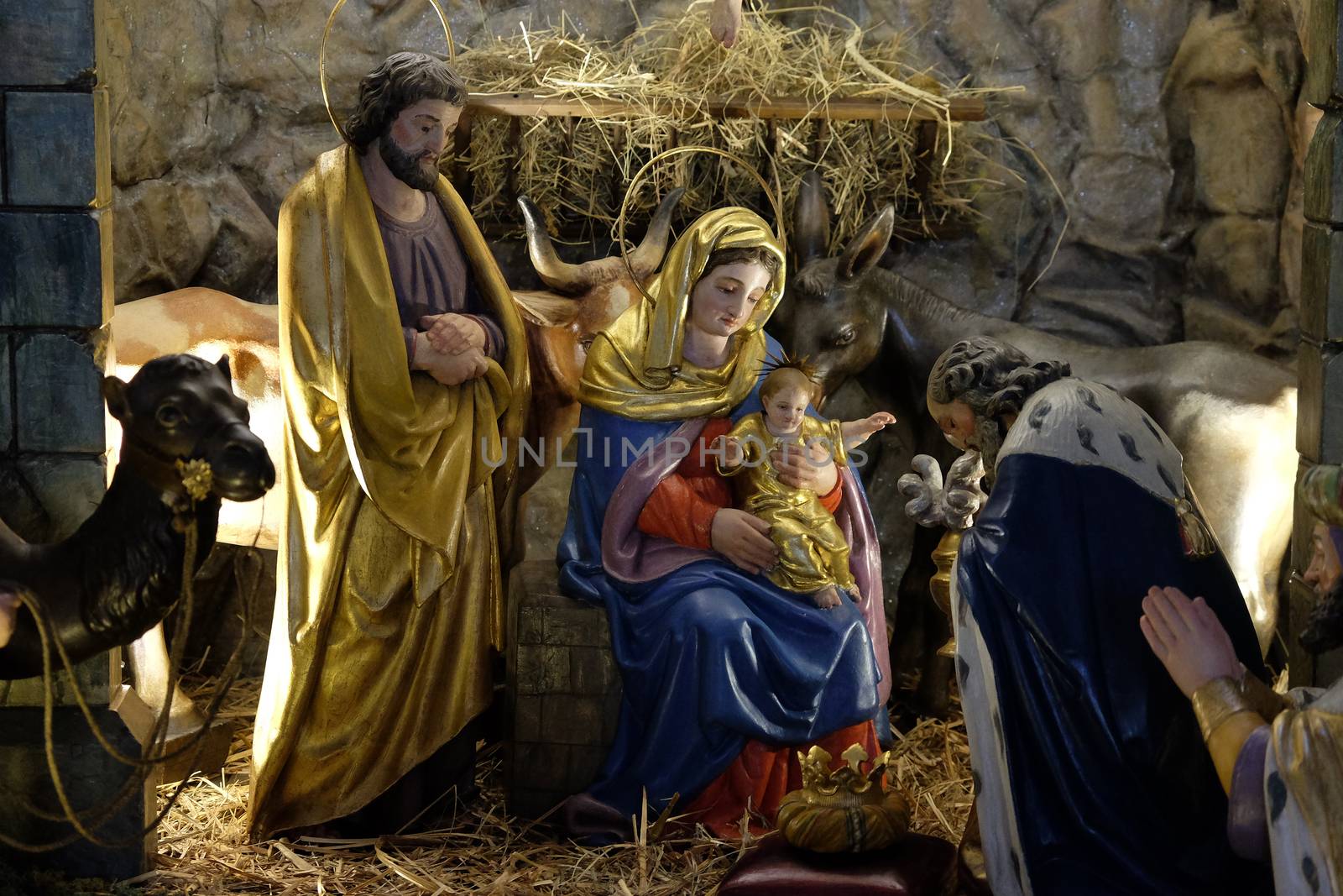 Nativity scene, creche, or crib, birth of Jesus in Parish Church of the Holy Blood in Graz, Styria, Austria