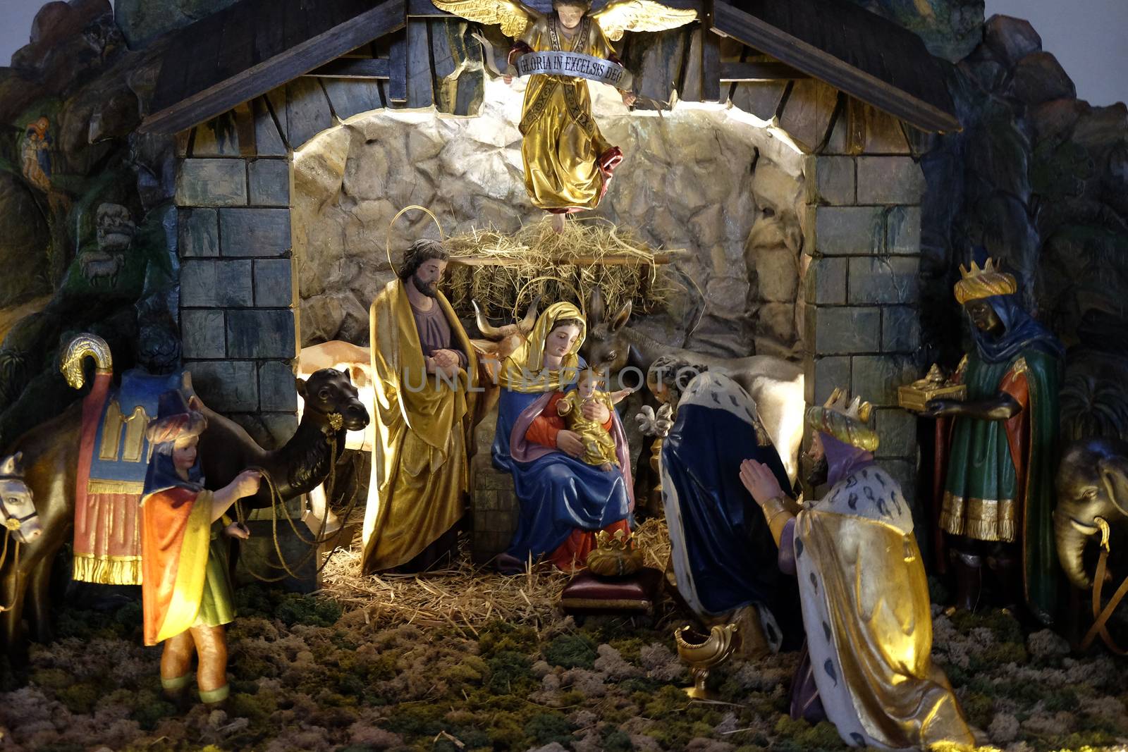 Nativity scene, creche, or crib, birth of Jesus in Parish Church of the Holy Blood in Graz, Styria, Austria