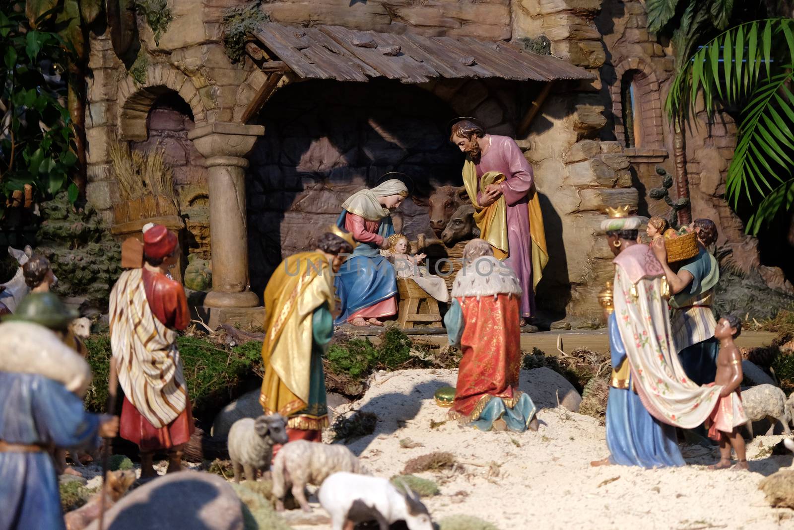 Nativity scene, creche, or crib, birth of Jesus in Graz Cathedral dedicated to Saint Giles in Graz, Styria, Austria