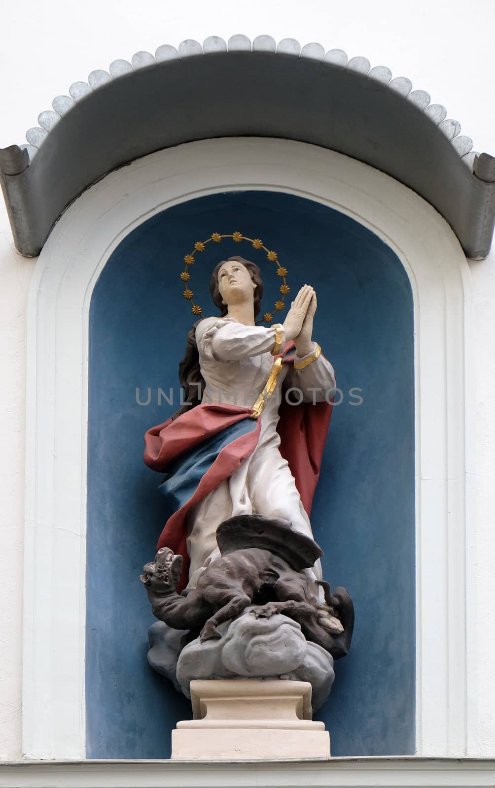 Virgin Mary, statue on the house facade in Graz, Styria, Austria