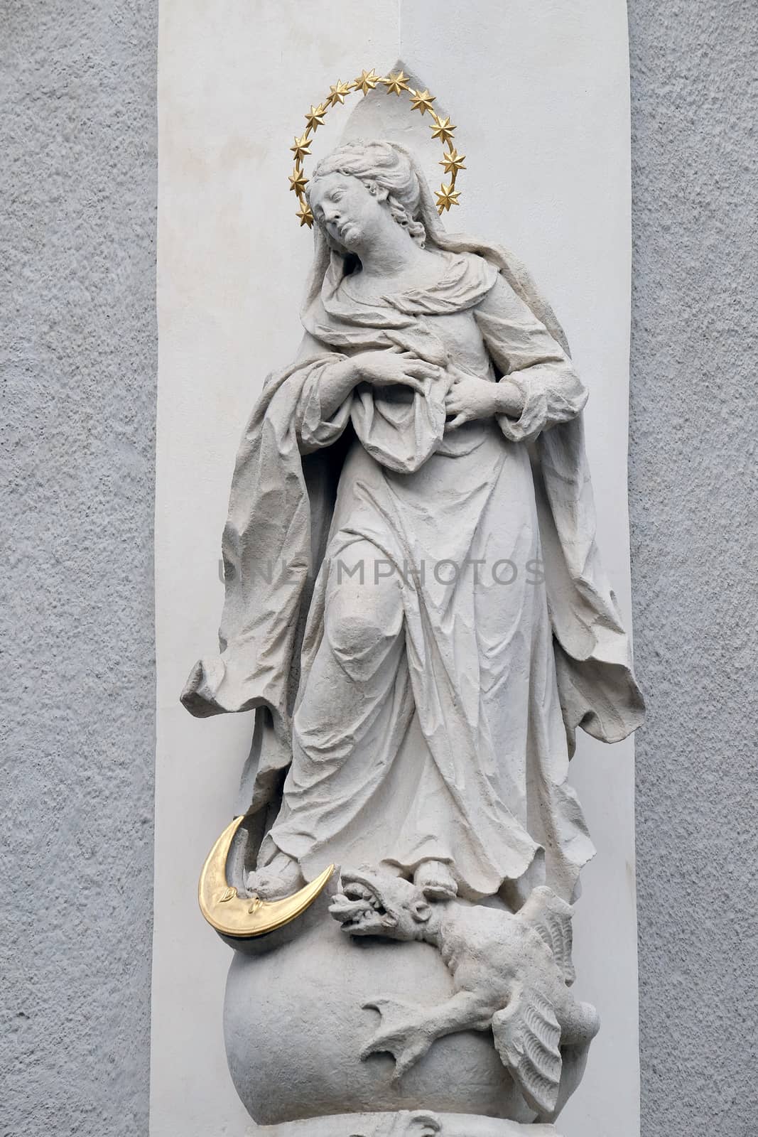 Virgin Mary, statue on the house facade in Graz, Styria, Austria