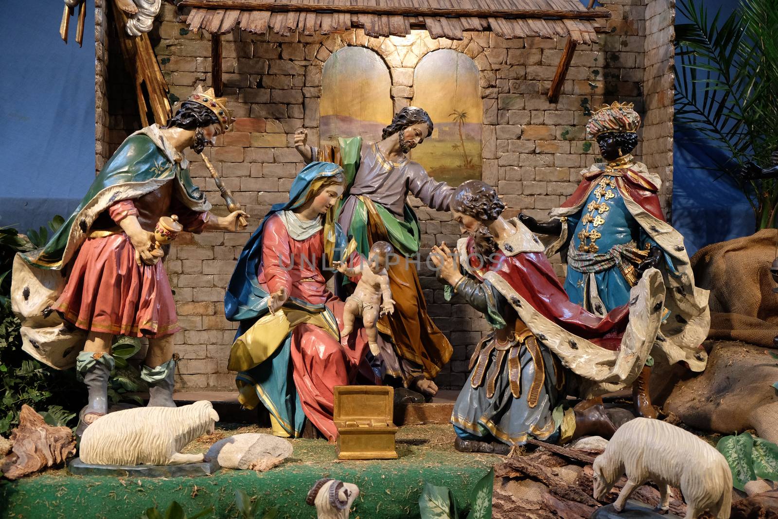 Nativity scene, creche, or crib, birth of Jesus in Mariahilf church in Graz, Styria, Austria