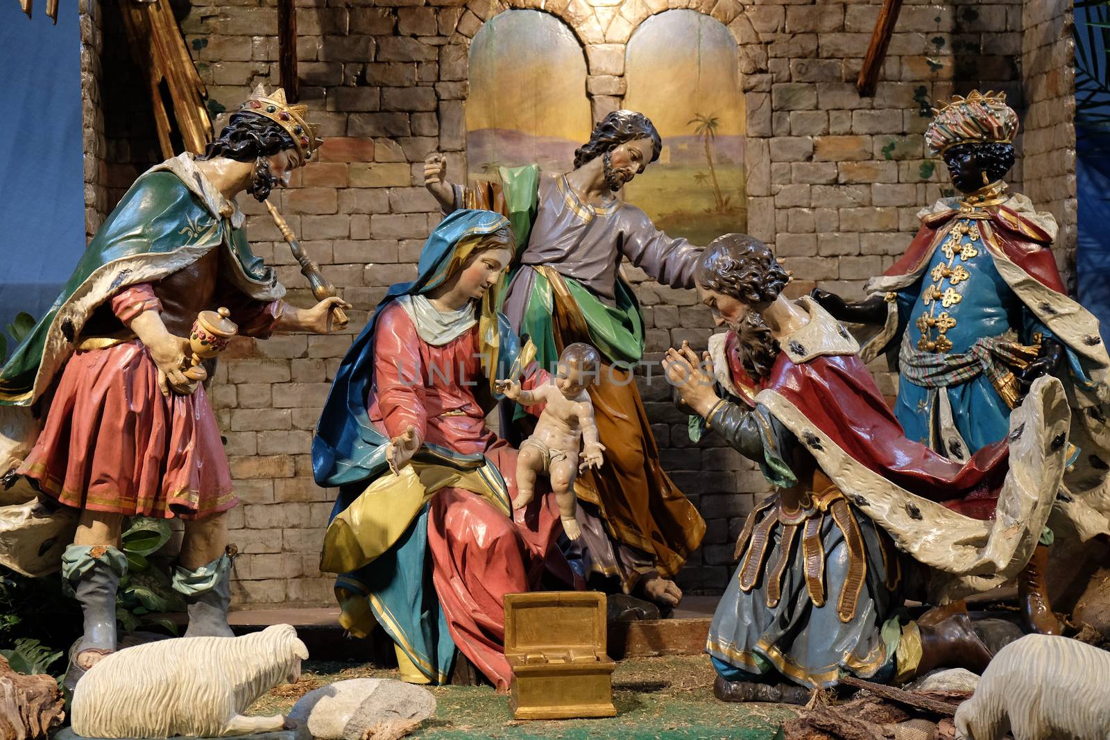 Nativity scene, creche, or crib, birth of Jesus in Mariahilf church in Graz, Styria, Austria