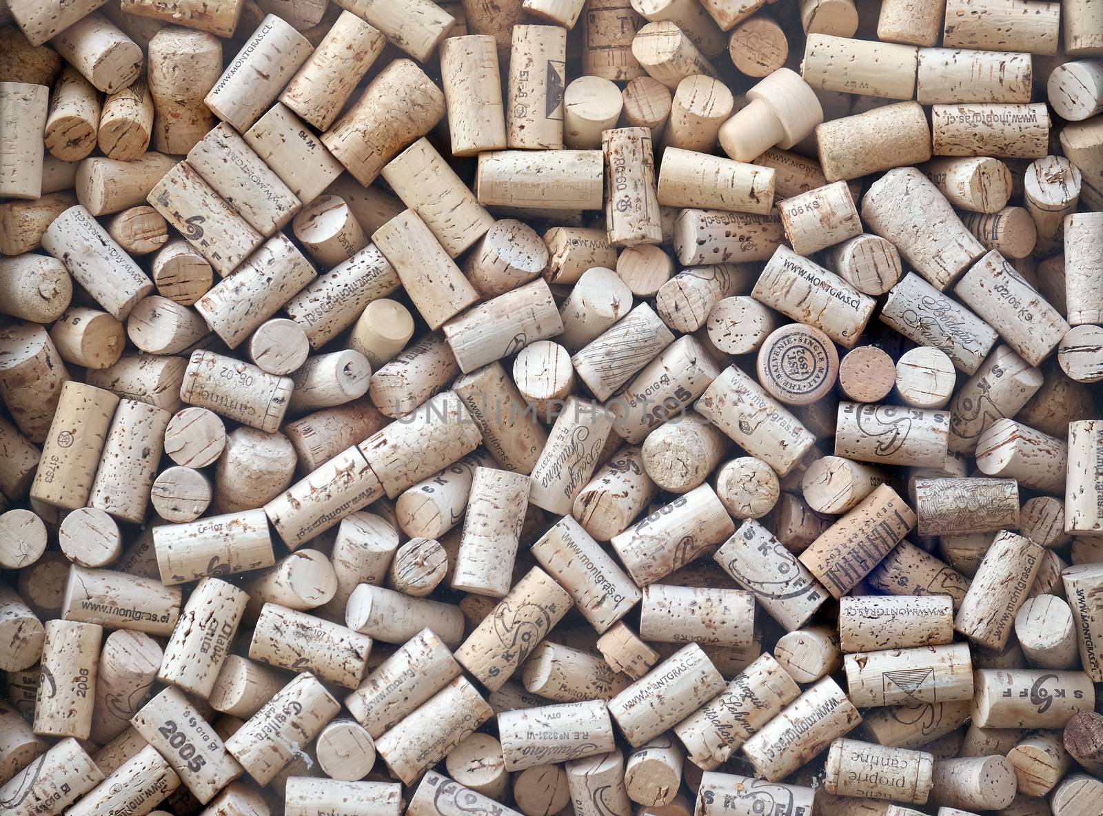 Used wine bottle corks on display in the window of a wine shop, Graz, Styria, Austria