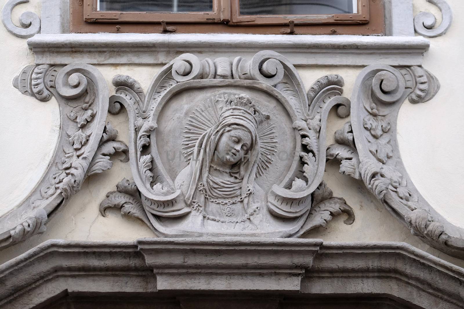 Virgin Mary, statue on the house facade in Graz, Styria, Austria